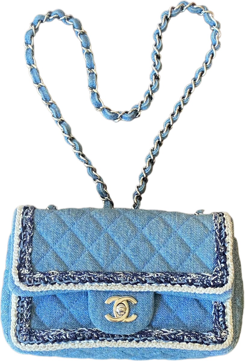 Chanel 2019 Mini Small Light Blue Denim Braided Trim Classic Flap Bag TurnLockFinds
