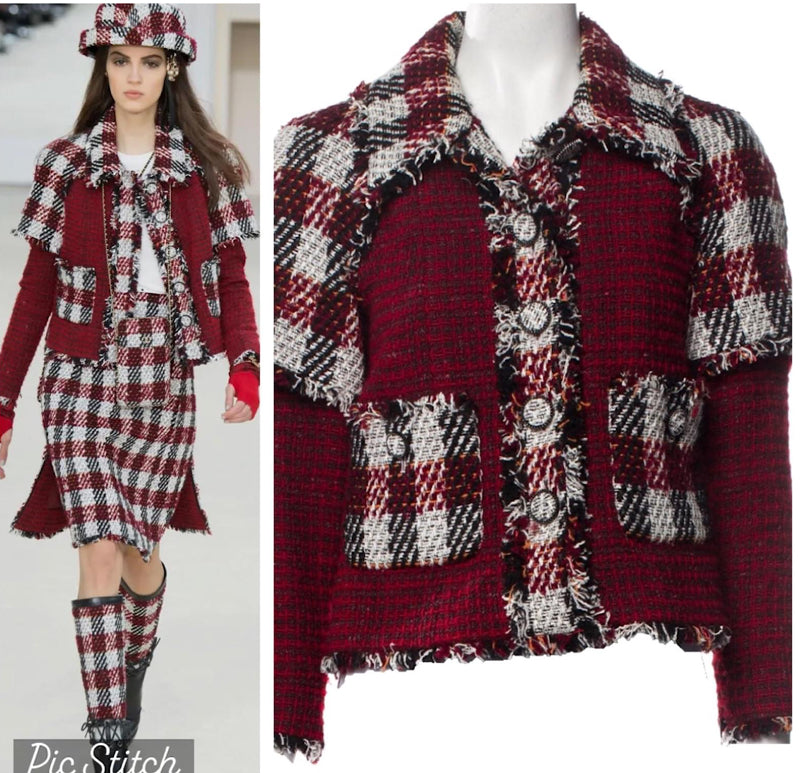 Chanel 16A Runway Burgundy Plaid Tweed Fringe Jacket FR 40 TurnLockFinds